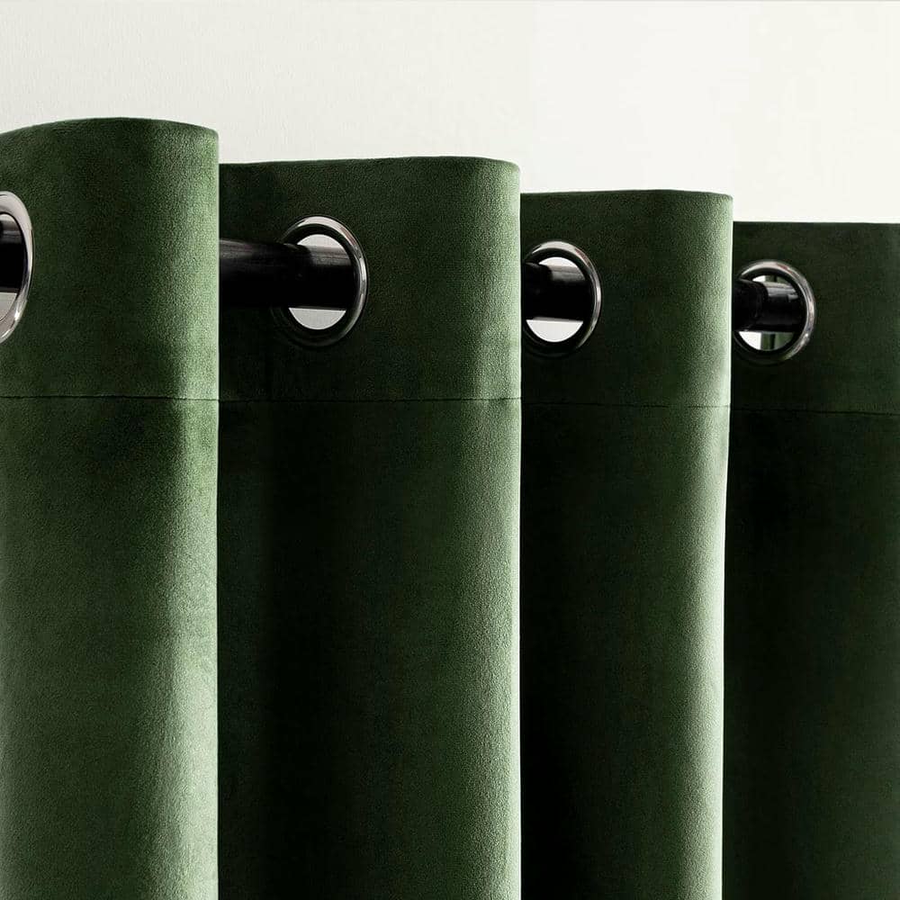 2 Pieces Plain Dyed Velvet Eyelet Curtains - Olive Green
