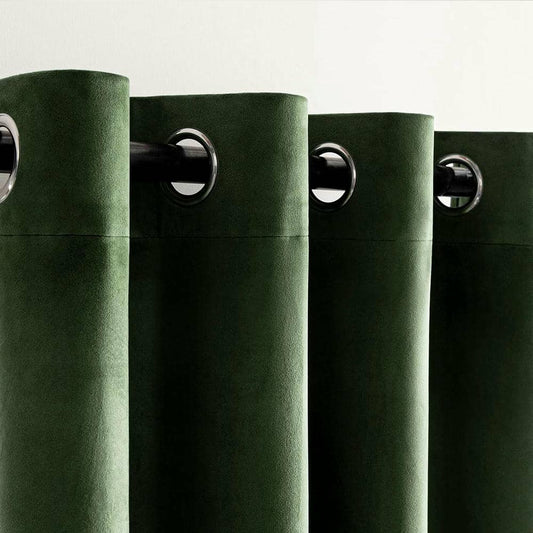 2 Pieces Plain Dyed Velvet Eyelet Curtains - Olive Green