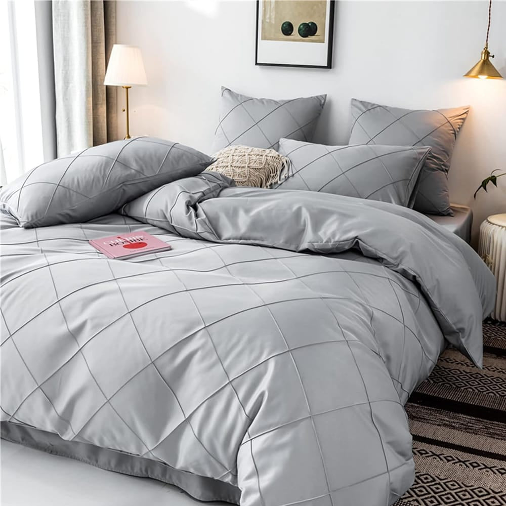 Cross Pleated Duvet Set - Silver Grey
