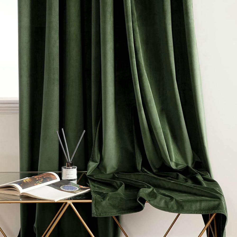 2 Pieces Plain Dyed Velvet Eyelet Curtains - Olive Green