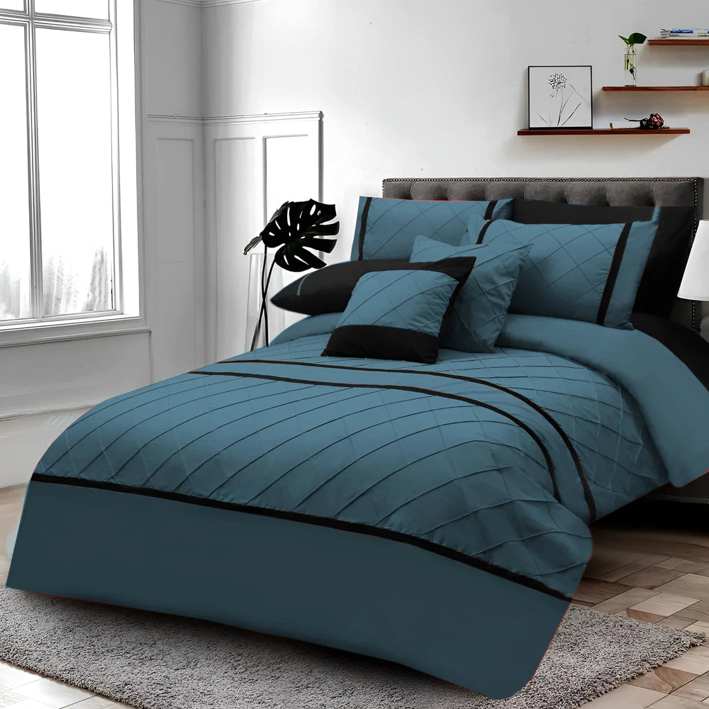 Cross Pleated Duvet Set - Black & Teal