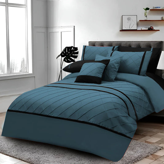 Cross Pleated Duvet Set - Black & Teal