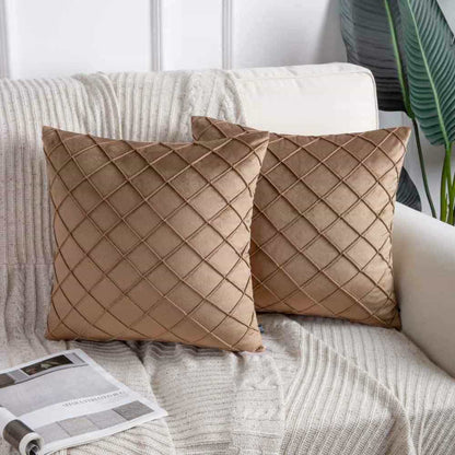 Pack of 2 Velvet Decorative Pleated Square Cushion - Brown