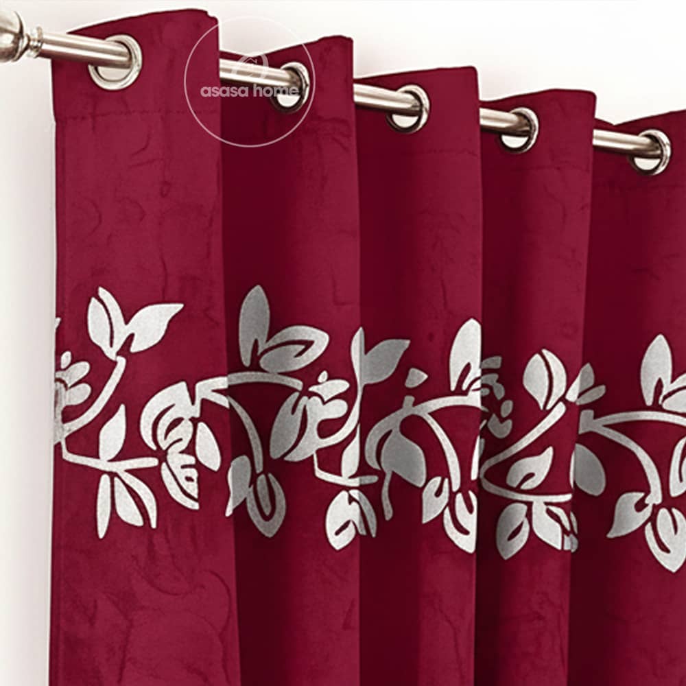 2 Pieces Luxury Floral Velvet Curtains Maroon