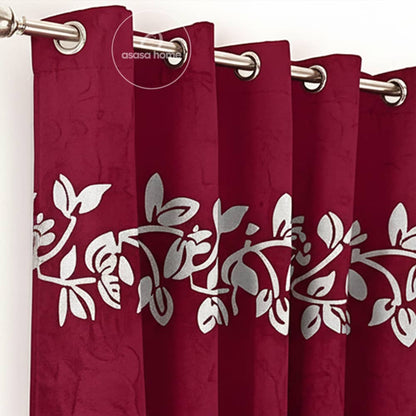 2 Pieces Luxury Floral Velvet Curtains Maroon
