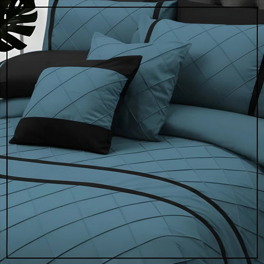 Cross Pleated Duvet Set - Black & Teal