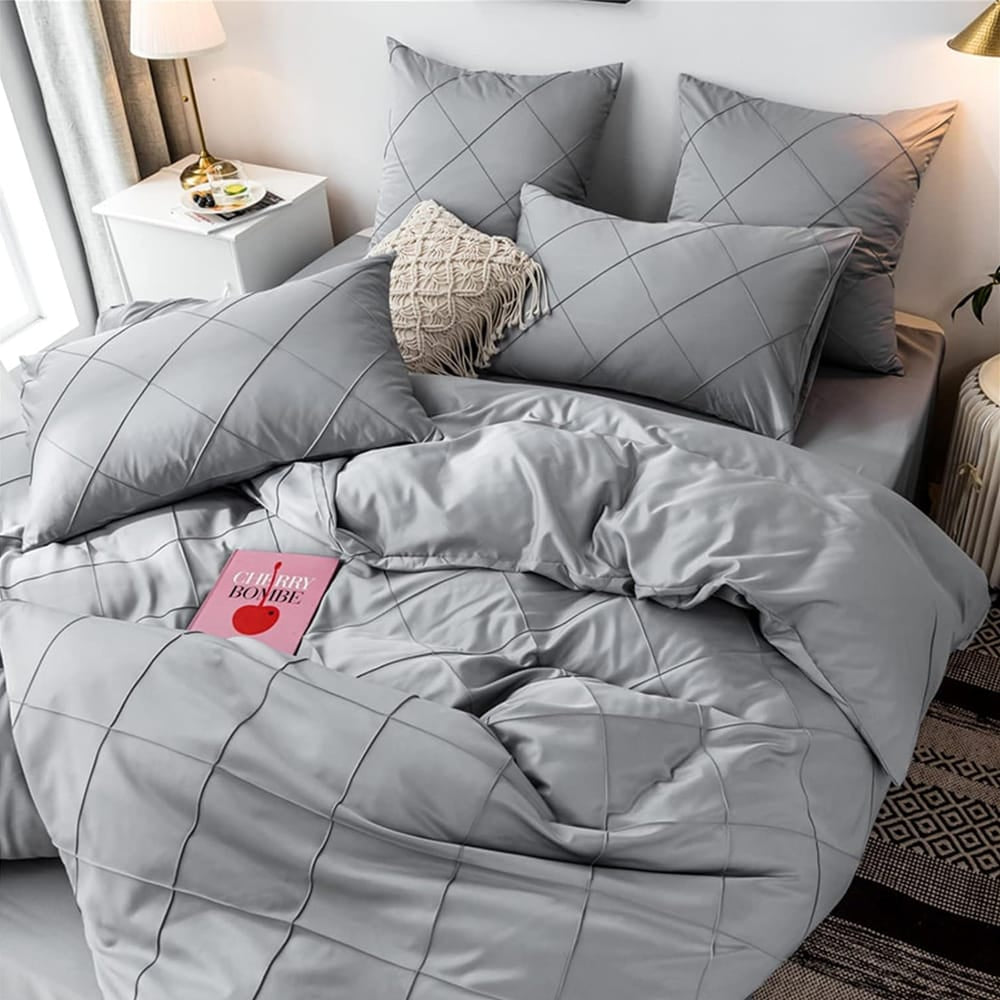 Cross Pleated Duvet Set - Silver Grey