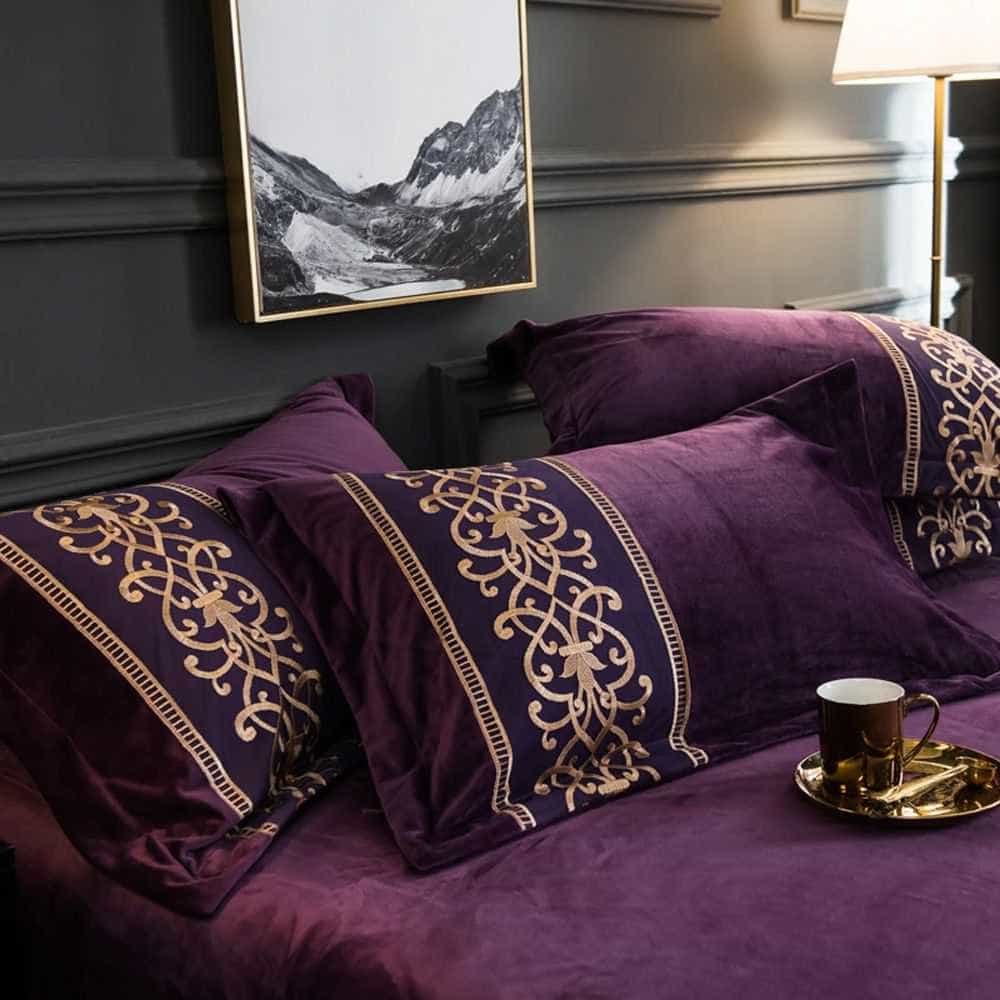 Velvet Embroidered Duvet Set - Purple
