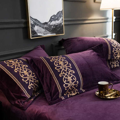 Velvet Embroidered Duvet Set - Purple