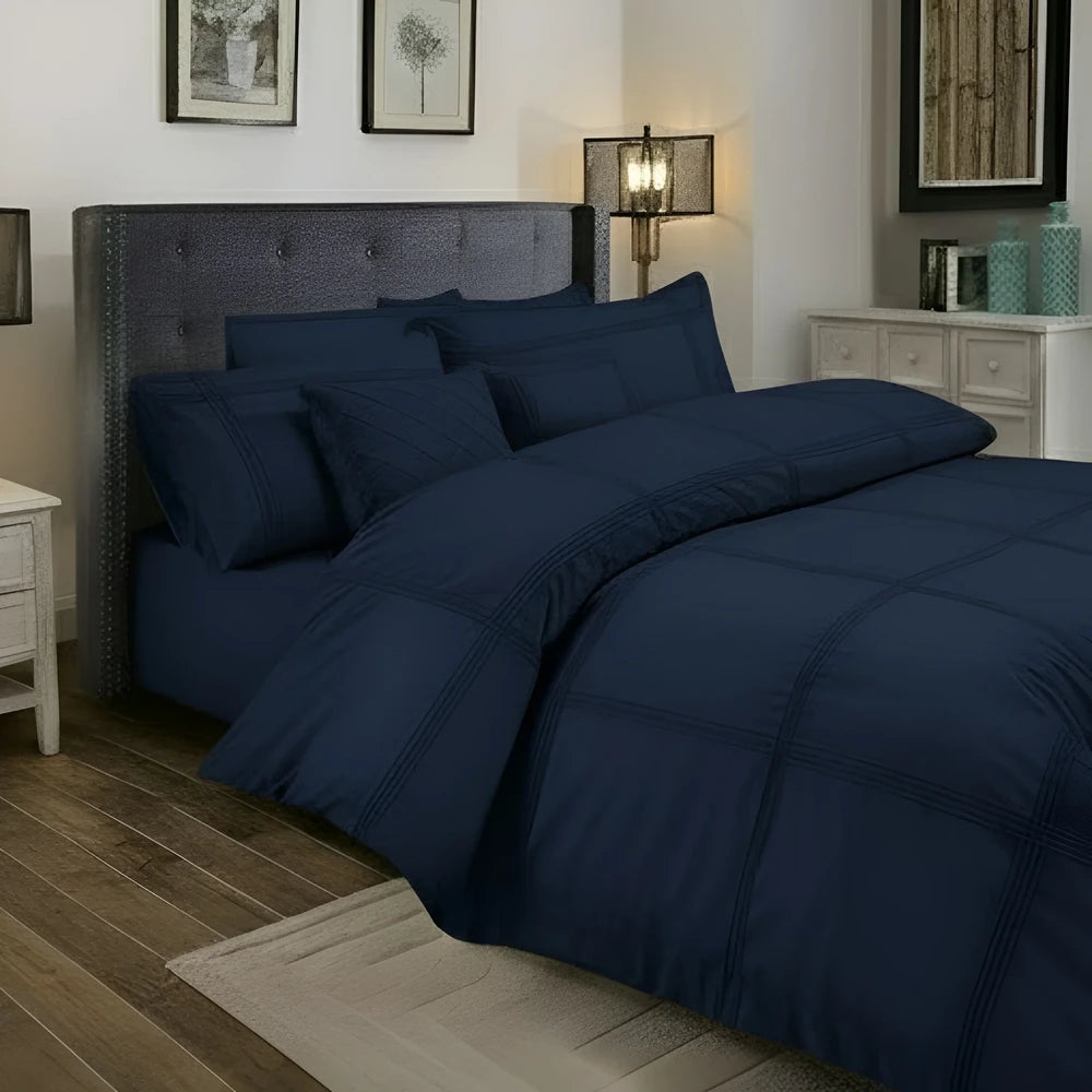 Box Pleated Duvet Set - Navy Blue