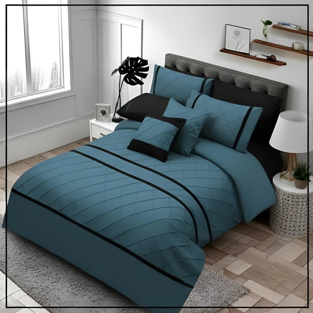 Cross Pleated Duvet Set - Black & Teal