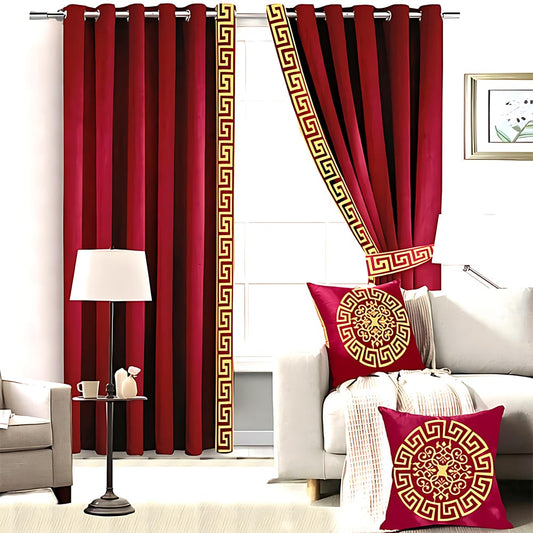 2 Pieces Premium Splendid Velvet Curtain Panels & 2 Belts - Maroon
