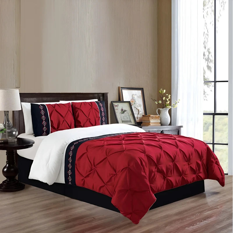 Embroidered Pintuck Duvet Set - Red