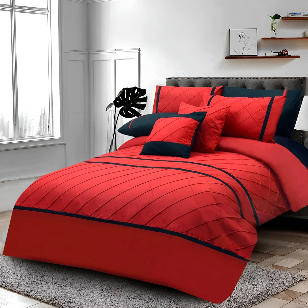Cross Pleated Duvet Set - Black & Red