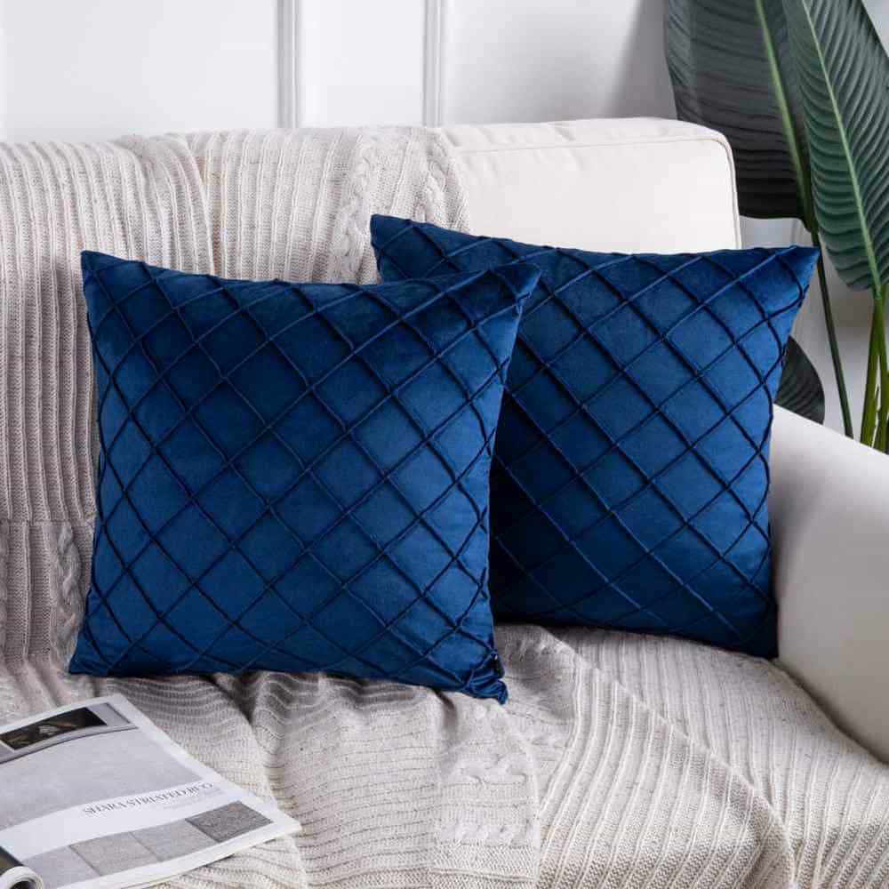 Pack of 2 Velvet Decorative Pleated Square Cushion - Navy Blue
