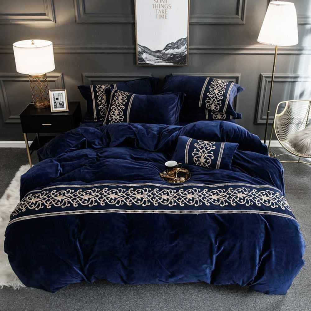 Velvet Embroidered Duvet Set - Blue