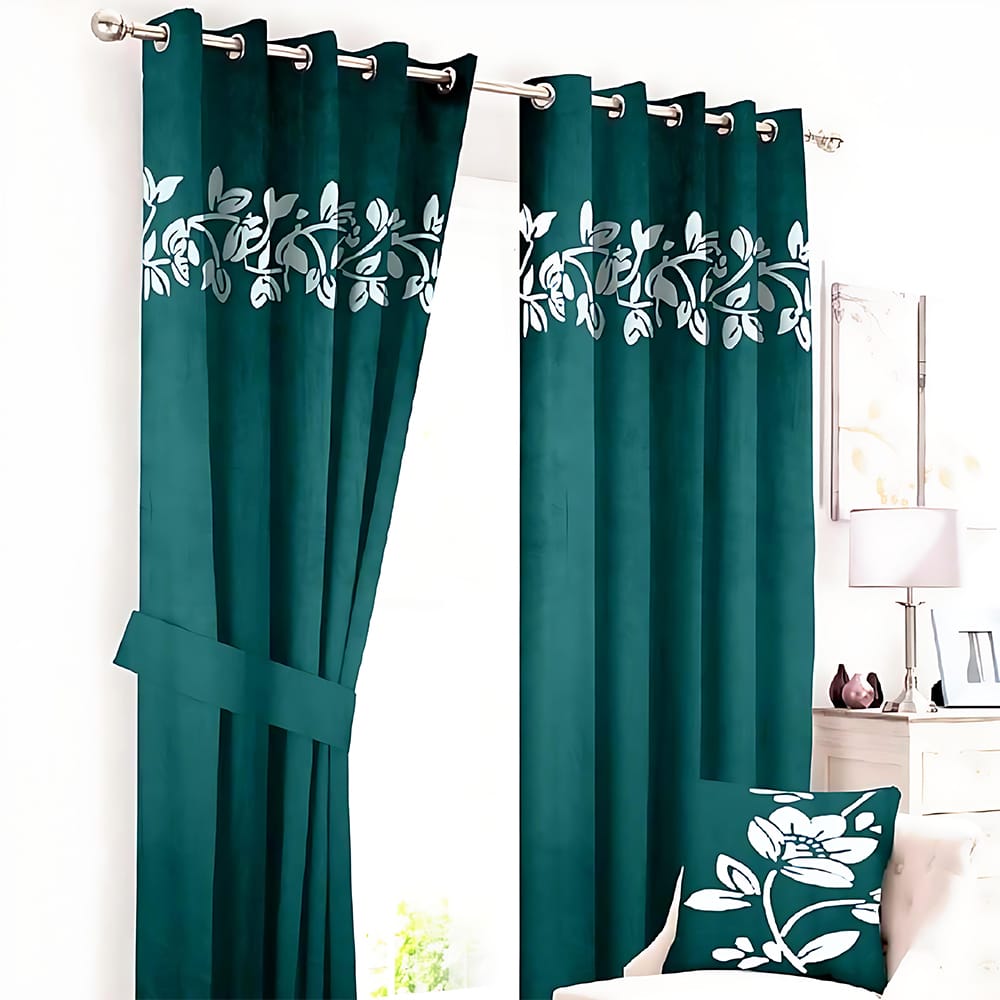 2 Pieces Luxury Floral Velvet Curtains Green