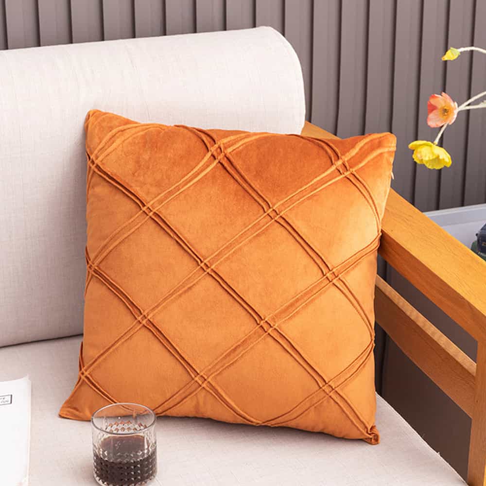 Pack of 2 Velvet Decorative Double Cross Pleated Cushion- Orange