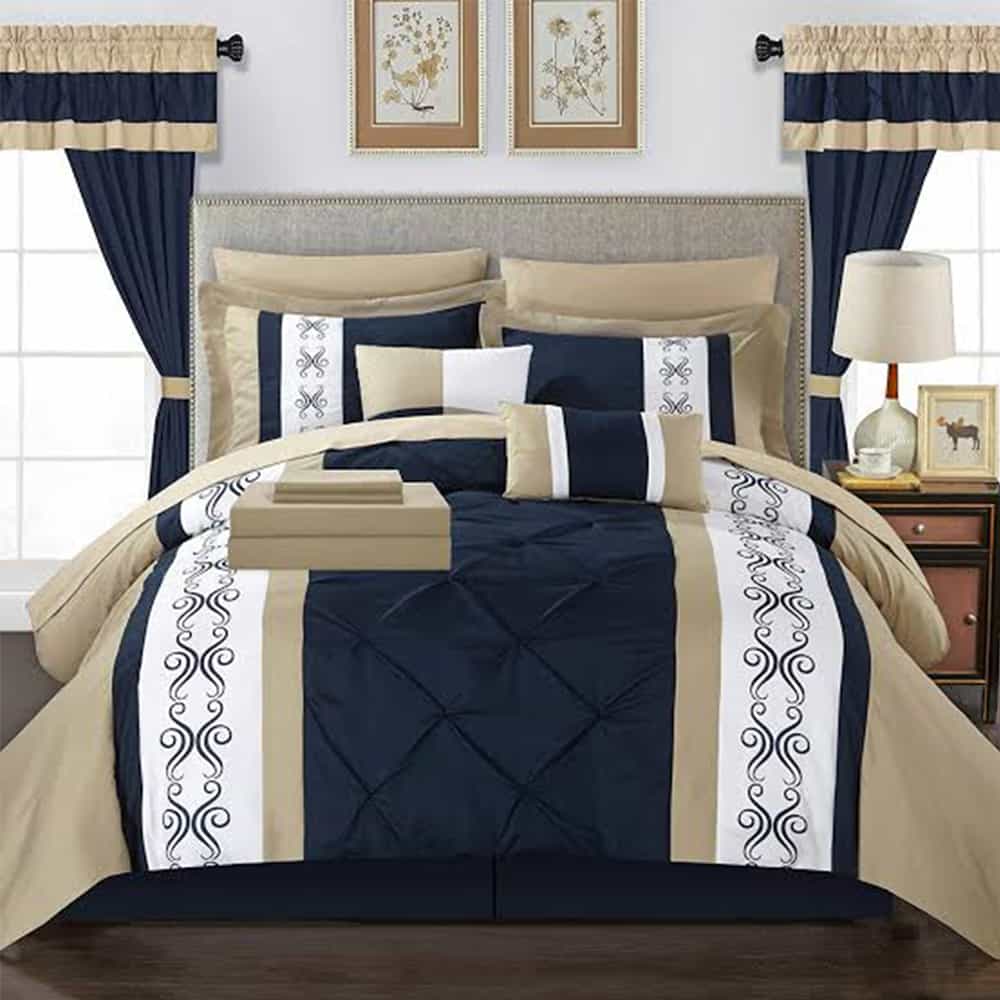 Embroidered Duvet Set - Beige & Blue