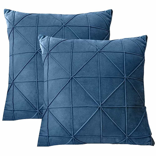 Pack of 2 Velvet Decorative Cross Pleated Square Cushion - Blue