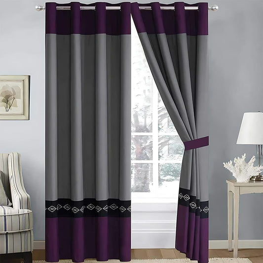 2 Pieces Elegant Embroidered Curtains - Grey & Purple