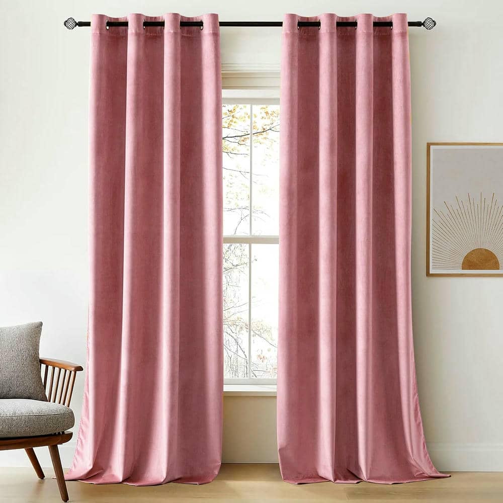 2 Pieces Plain Dyed Velvet Eyelet Curtains - Baby Pink