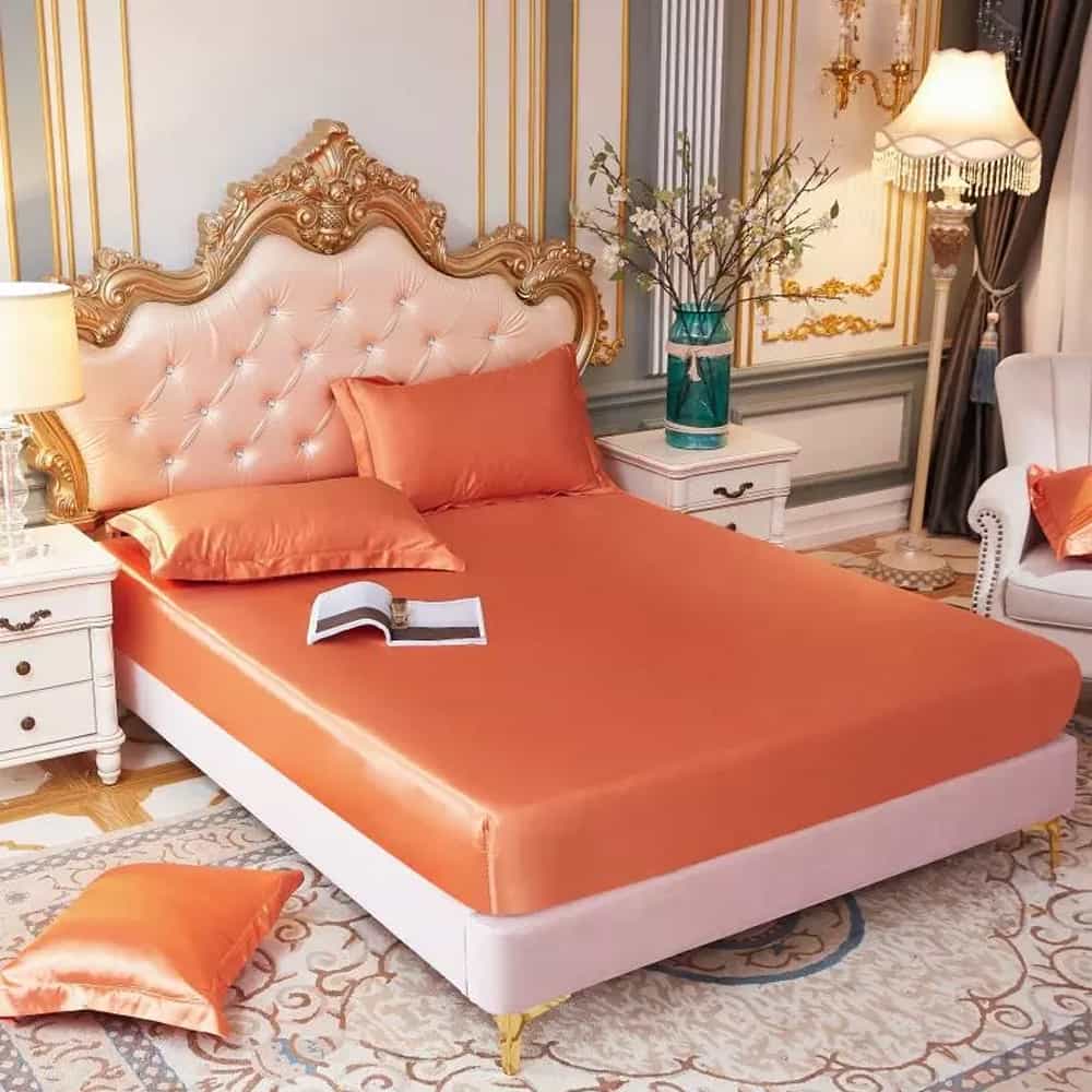 Silk Fitted Sheet with Pillow covers - Orange