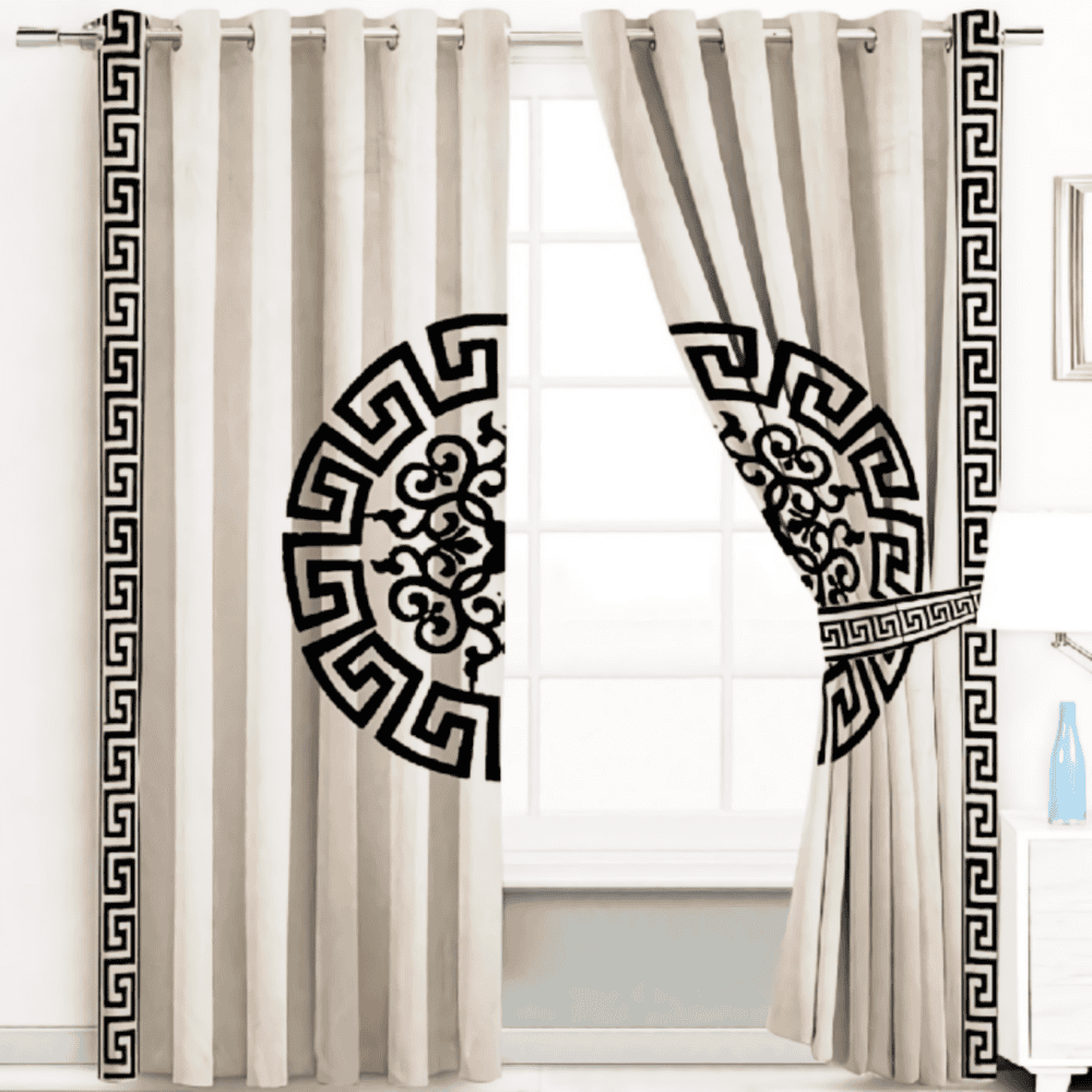 2 Pieces Premium splendid velvet curtain Panels & 2 Belts (Off White & Black)