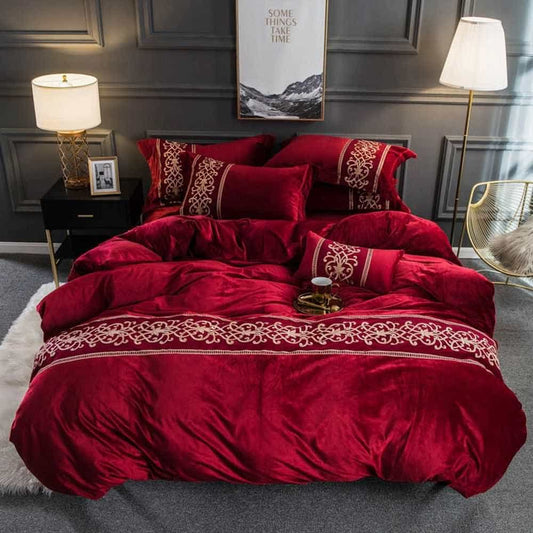 Velvet Embroidered Duvet Set - Red