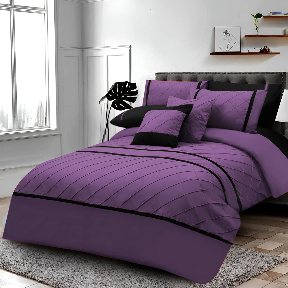 Cross Pleated Duvet Set - Black & Purple