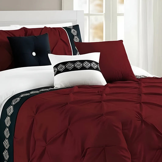 Embroidered Pintuck Duvet Set - Maroon