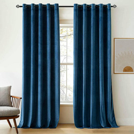 2 Pieces Plain Dyed Velvet Eyelet Curtains - Blue
