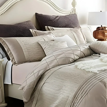 Embellish Pleated Bridal Quilt Set Beige- 12 Pieces Set