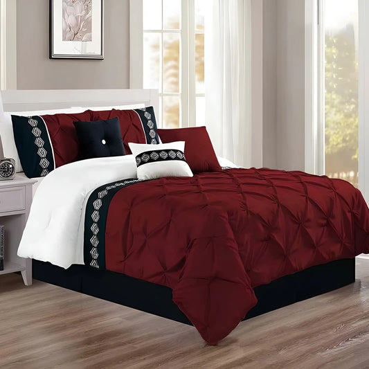 Embroidered Pintuck Duvet Set - Maroon