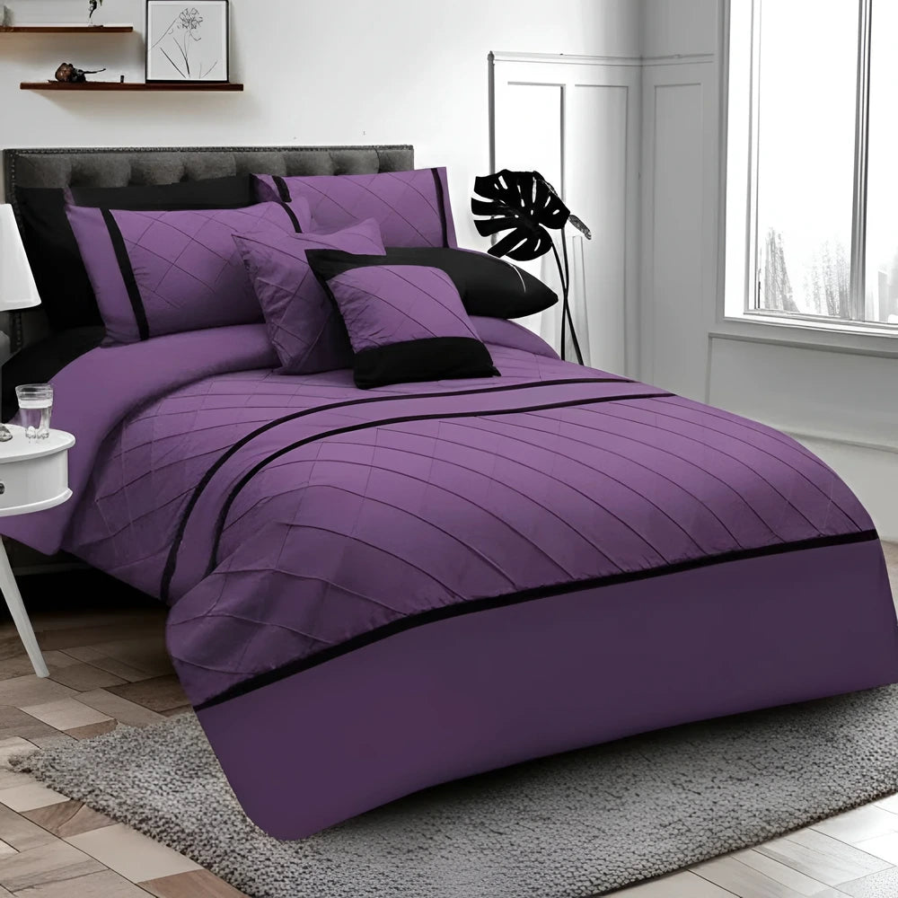 Cross Pleated Duvet Set - Black & Purple
