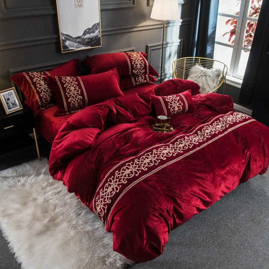 Velvet Embroidered Duvet Set - Red