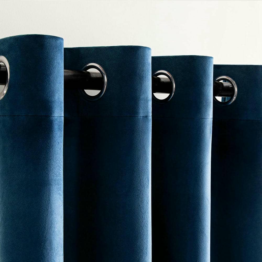 2 Pieces Plain Dyed Velvet Eyelet Curtains - Blue