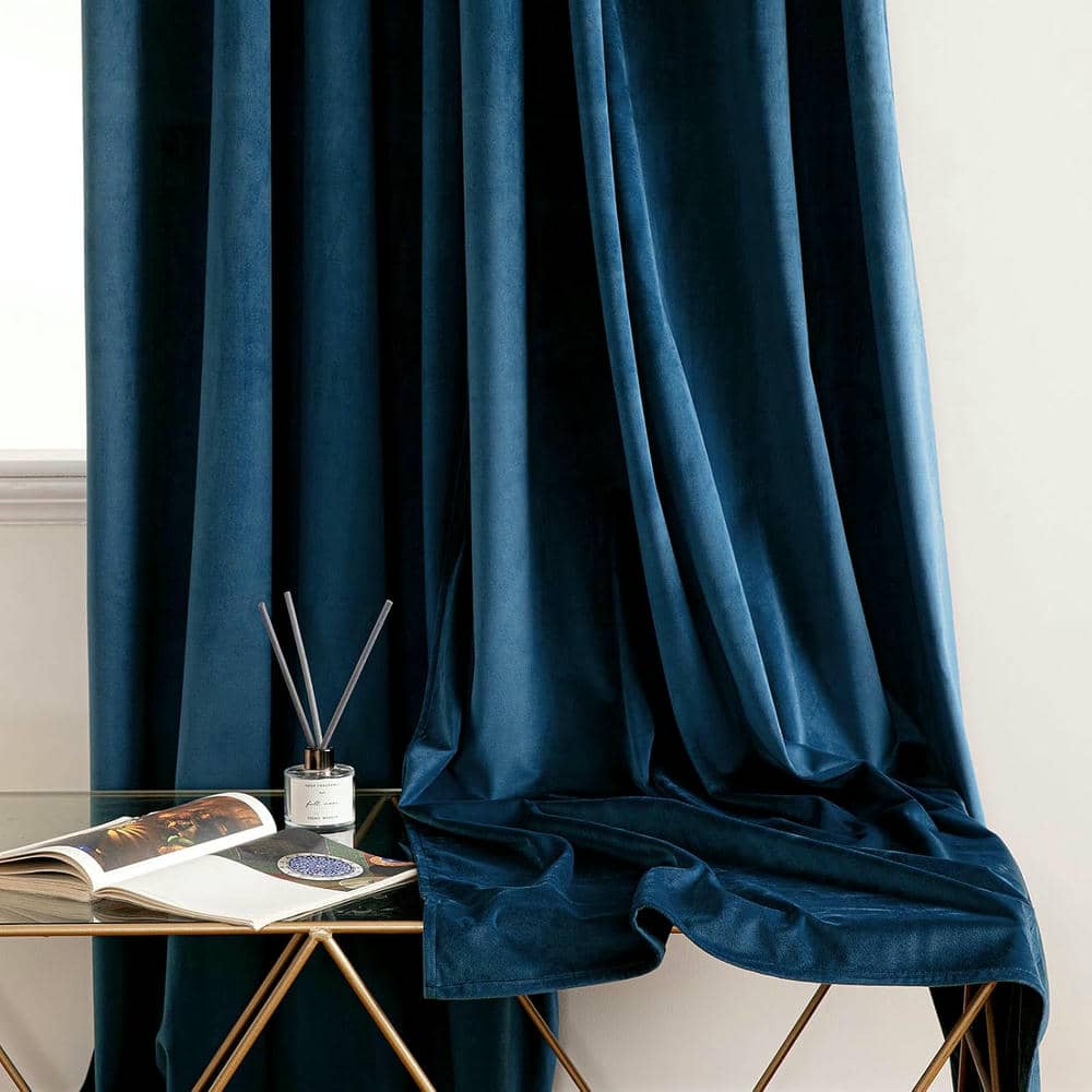 2 Pieces Plain Dyed Velvet Eyelet Curtains - Blue