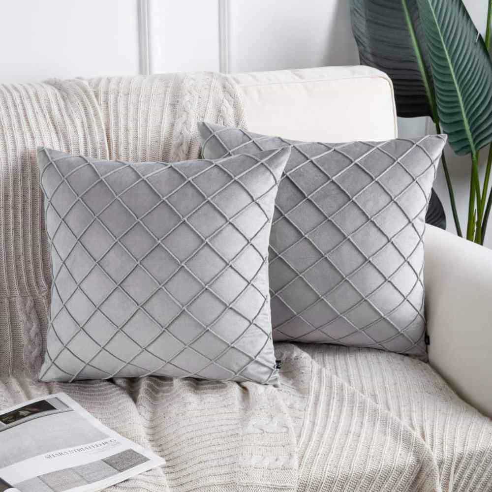 Pack of 2 Velvet Decorative Pleated Square Cushion - Light Grey