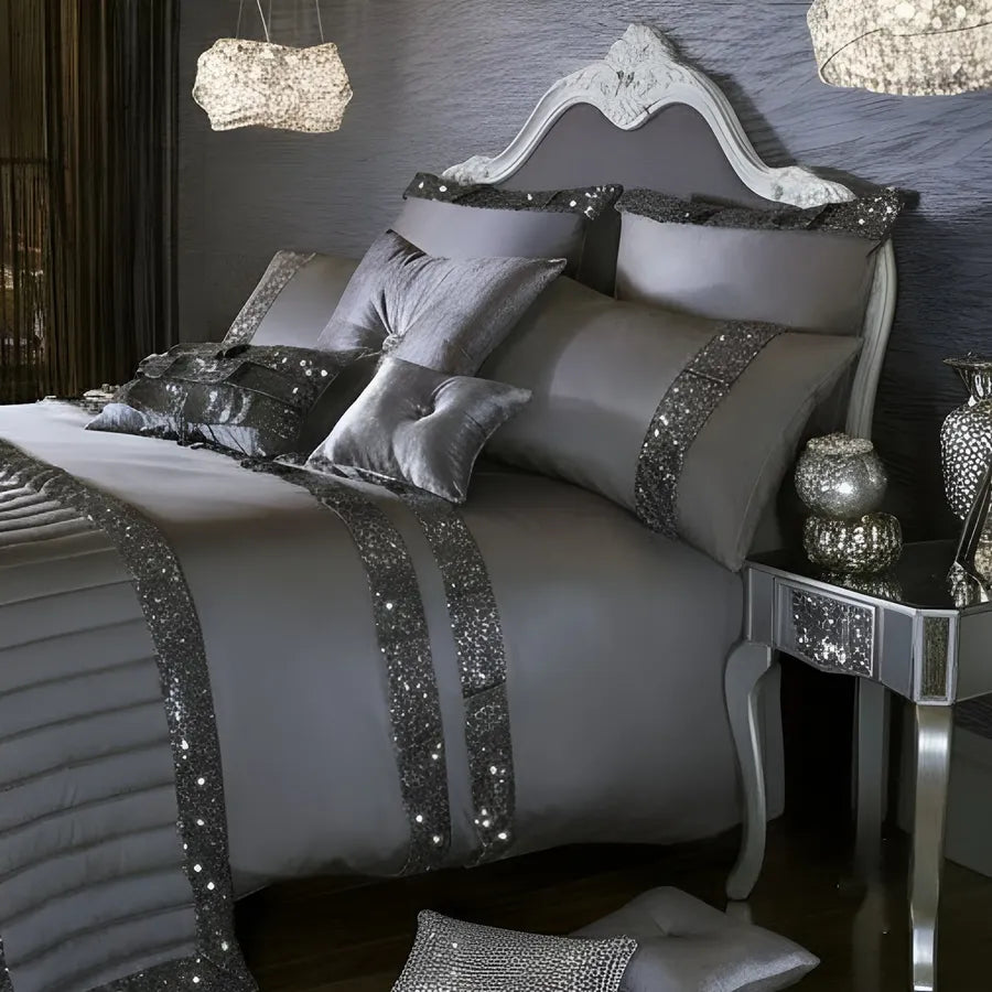 Elegant Look Grey Bridal Quilt Set - 12 Pieces Set with Free Quilt Filling