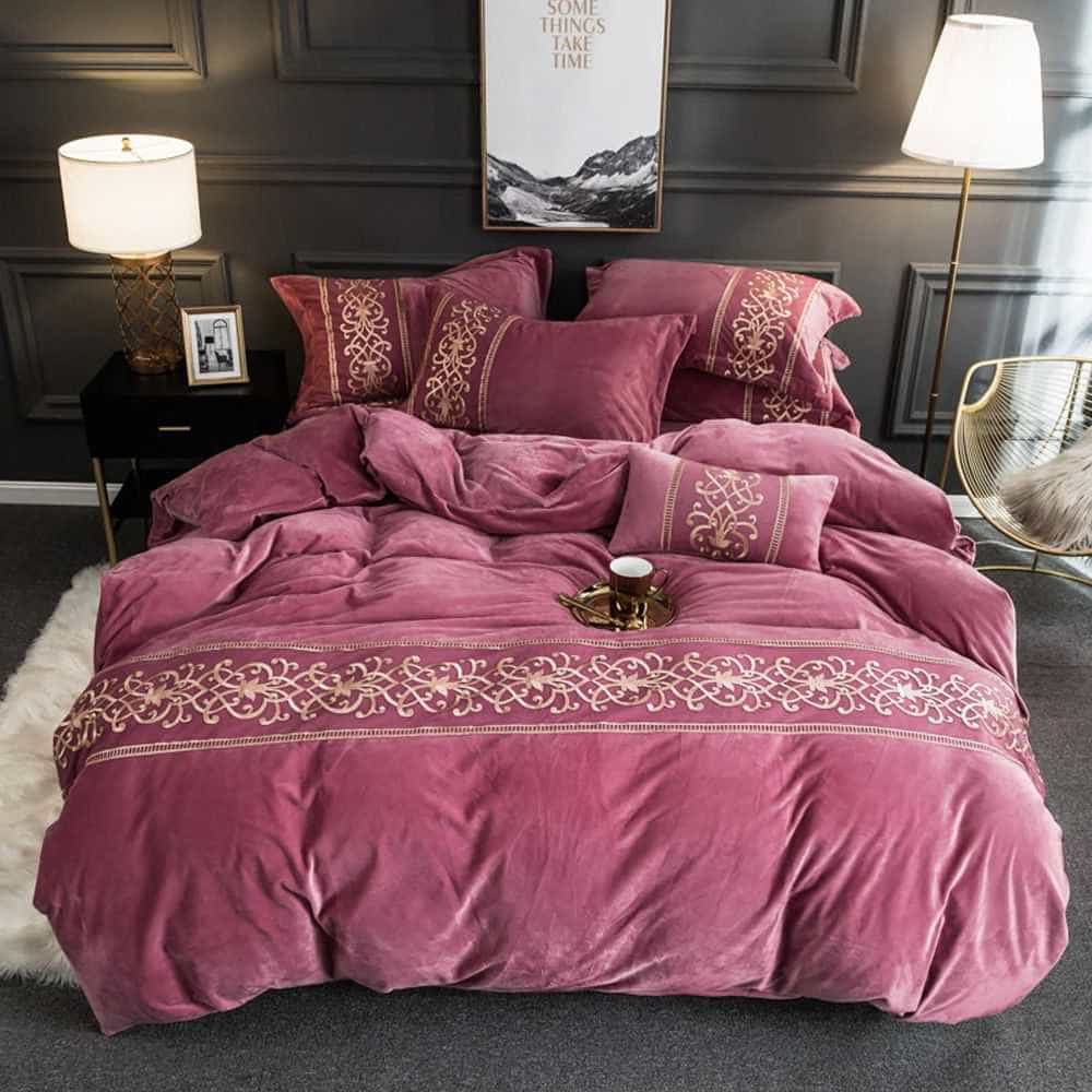 Velvet Embroidered Duvet Set - Pink
