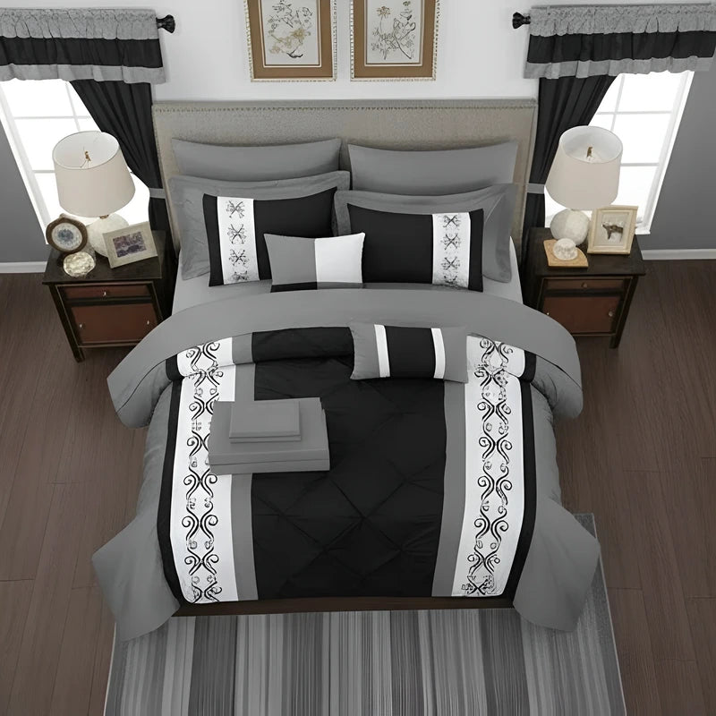 Embroidered Duvet Set - Grey & Black