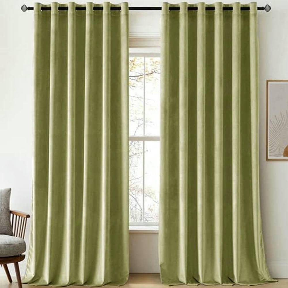 2 Pieces Plain Dyed Velvet Eyelet Curtains - Mint Green