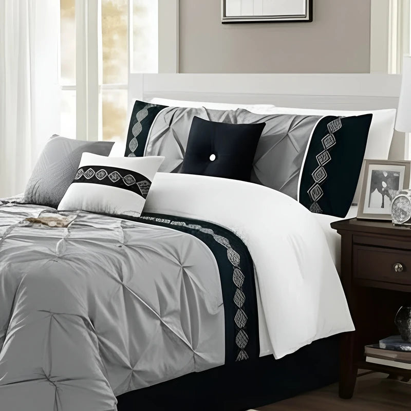 Embroidered Pintuck Duvet Set - Light Grey