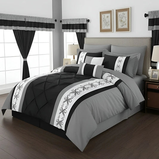 Embroidered Duvet Set - Grey & Black