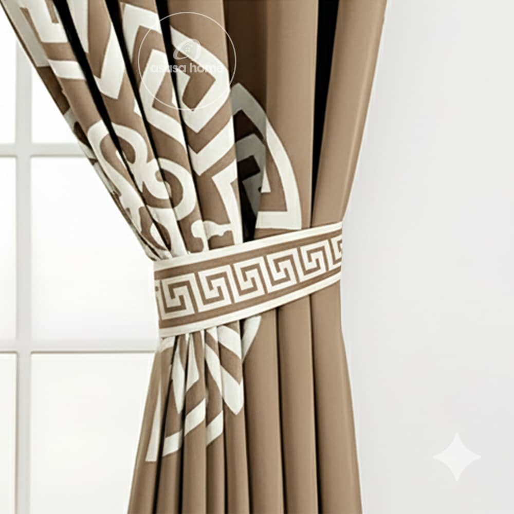 2 Pieces Premium splendid velvet curtain Panels & 2 Belts (Dull Brown & Off White)