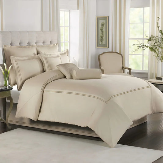Beige Duvet Set With Brown Double Baratta Stitch