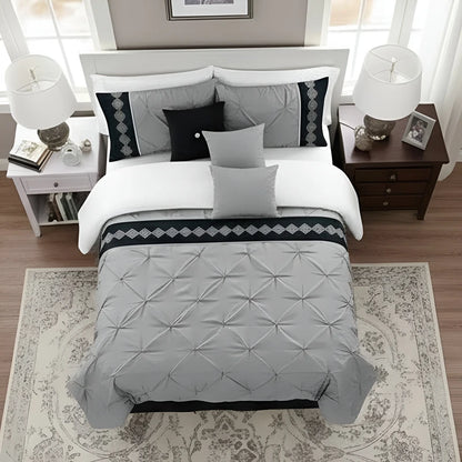 Embroidered Pintuck Duvet Set - Light Grey