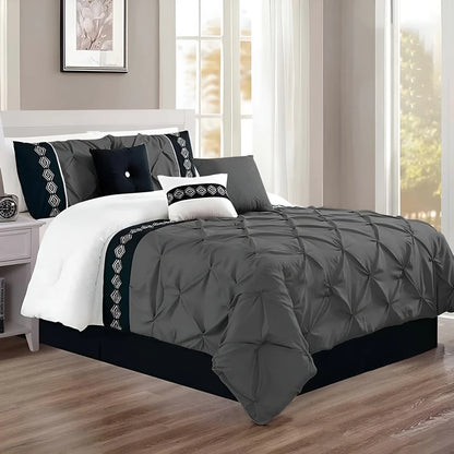 Embroidered Pintuck Duvet Set - Grey