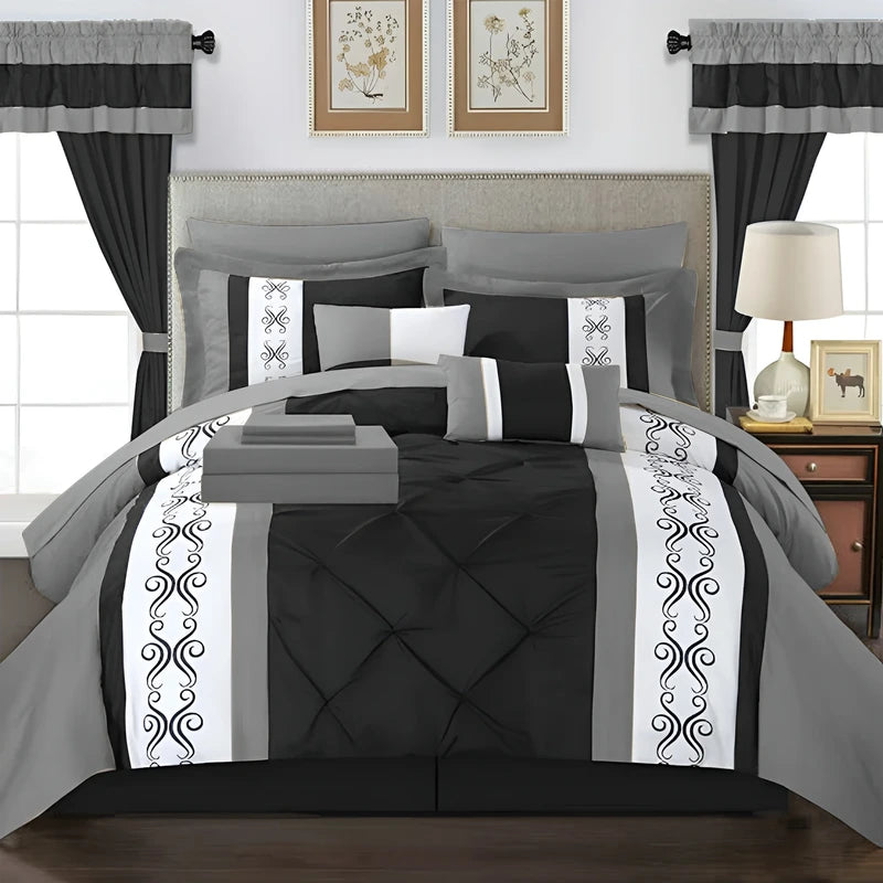 Embroidered Duvet Set - Grey & Black